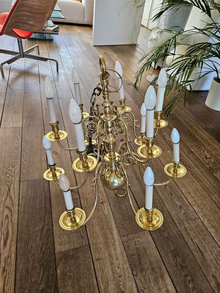 Zware Dubbellaags Koperen Kroonluchter - Klassiek Design, Huis en Inrichting, Lampen | Kroonluchters, Ophalen, Gebruikt, Metaal