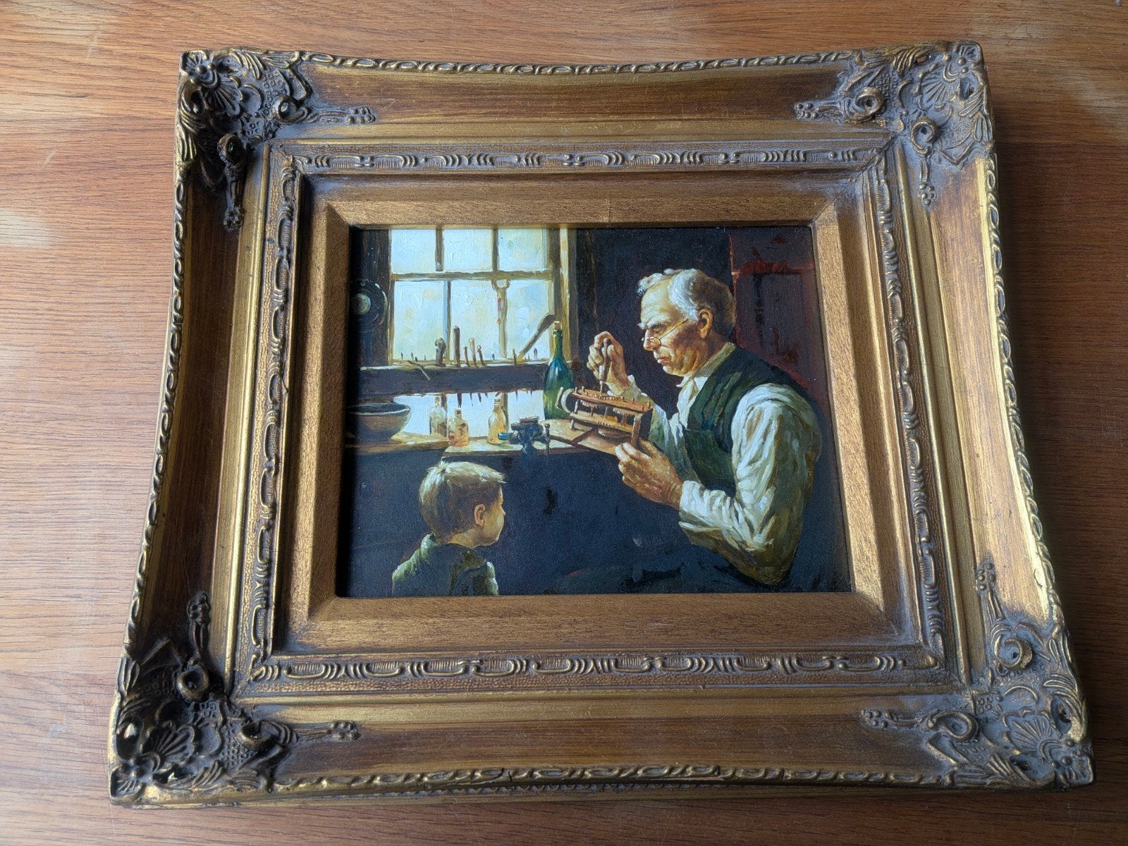Olieverfschilderij: Oude man en kind in werkplaats, Antiek en Kunst, Paneel, Handgeschilderd, Portret of Personen, Realistisch