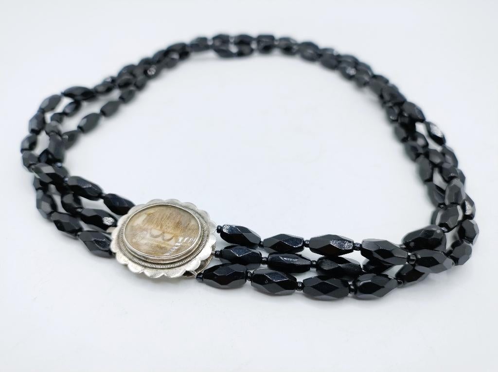 Gitten ketting met zilveren rouwslot, 1855, Verzenden, Zilver, Ketting, Met edelsteen