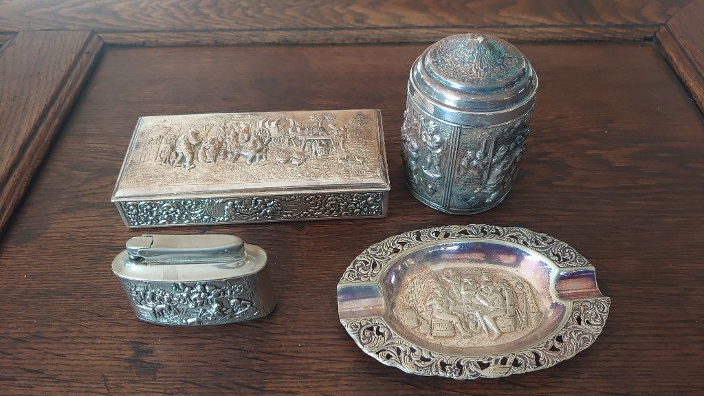 Rook stel: asbak, aansteker, doos en bus verzilverd Vintage., Ophalen of Verzenden