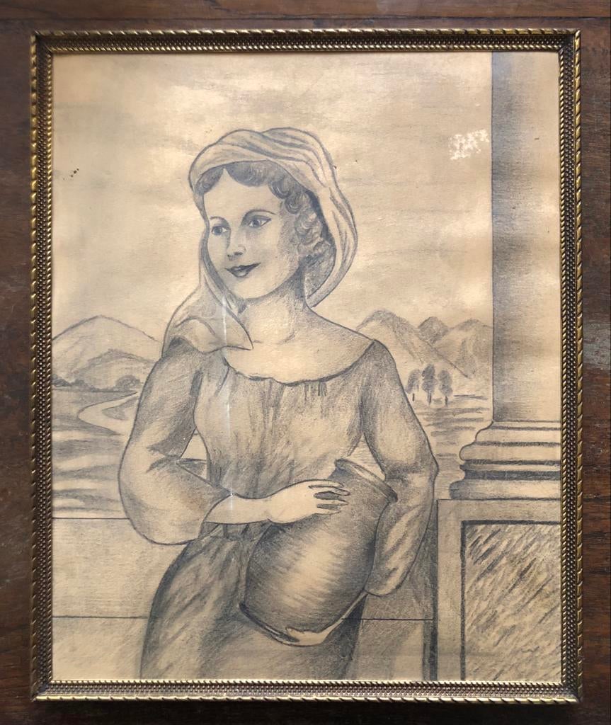 Vintage potloodtekening van vrouw met kruik, Antiek en Kunst, Ophalen of Verzenden