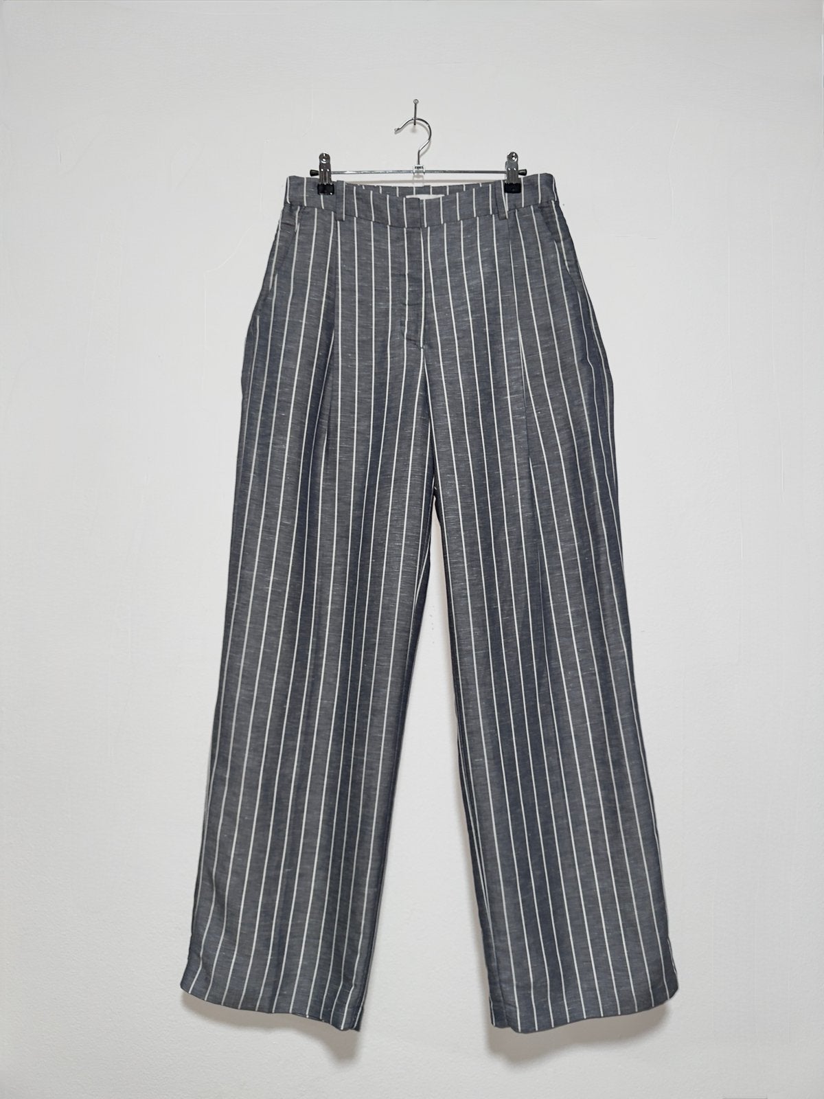 H&M Linen Blend Gestreepte Broek 38, Maat 38/40 (M), Verzenden, Zo goed als nieuw, Grijs