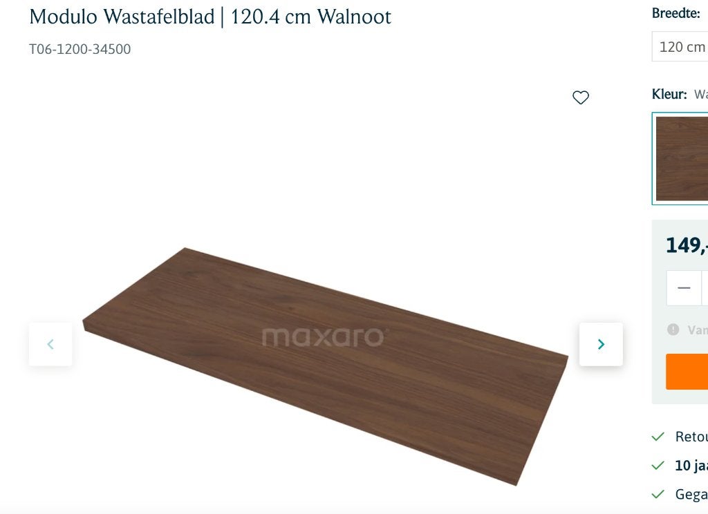 wastafelblad maxaro walnootbruin 120 cm, Ophalen, 100 tot 150 cm, Nieuw, Minder dan 100 cm
