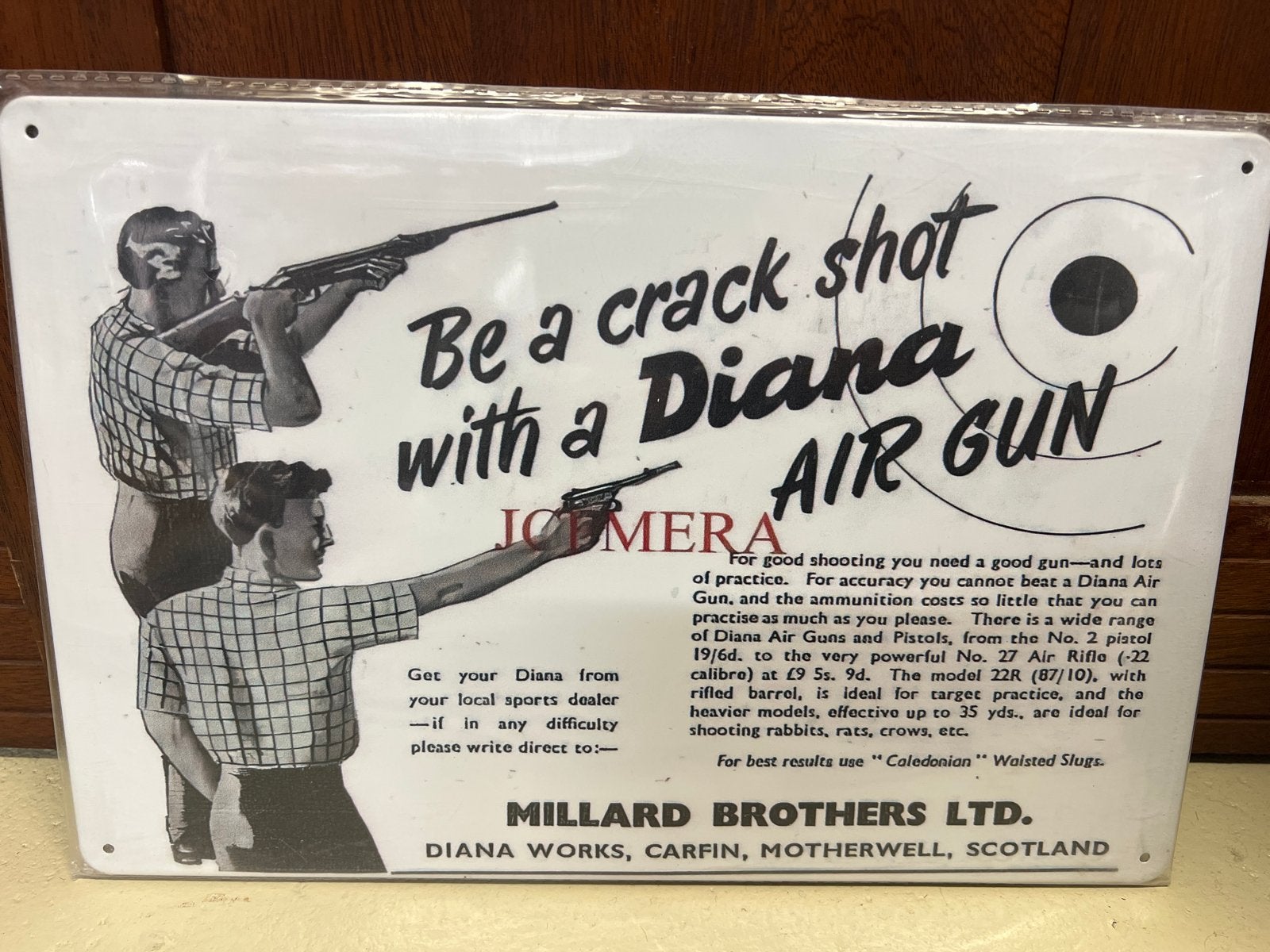 Vintage Diana Air Gun Reclamebord - Millard Brothers Ltd., Nieuw, Ophalen of Verzenden, X, X