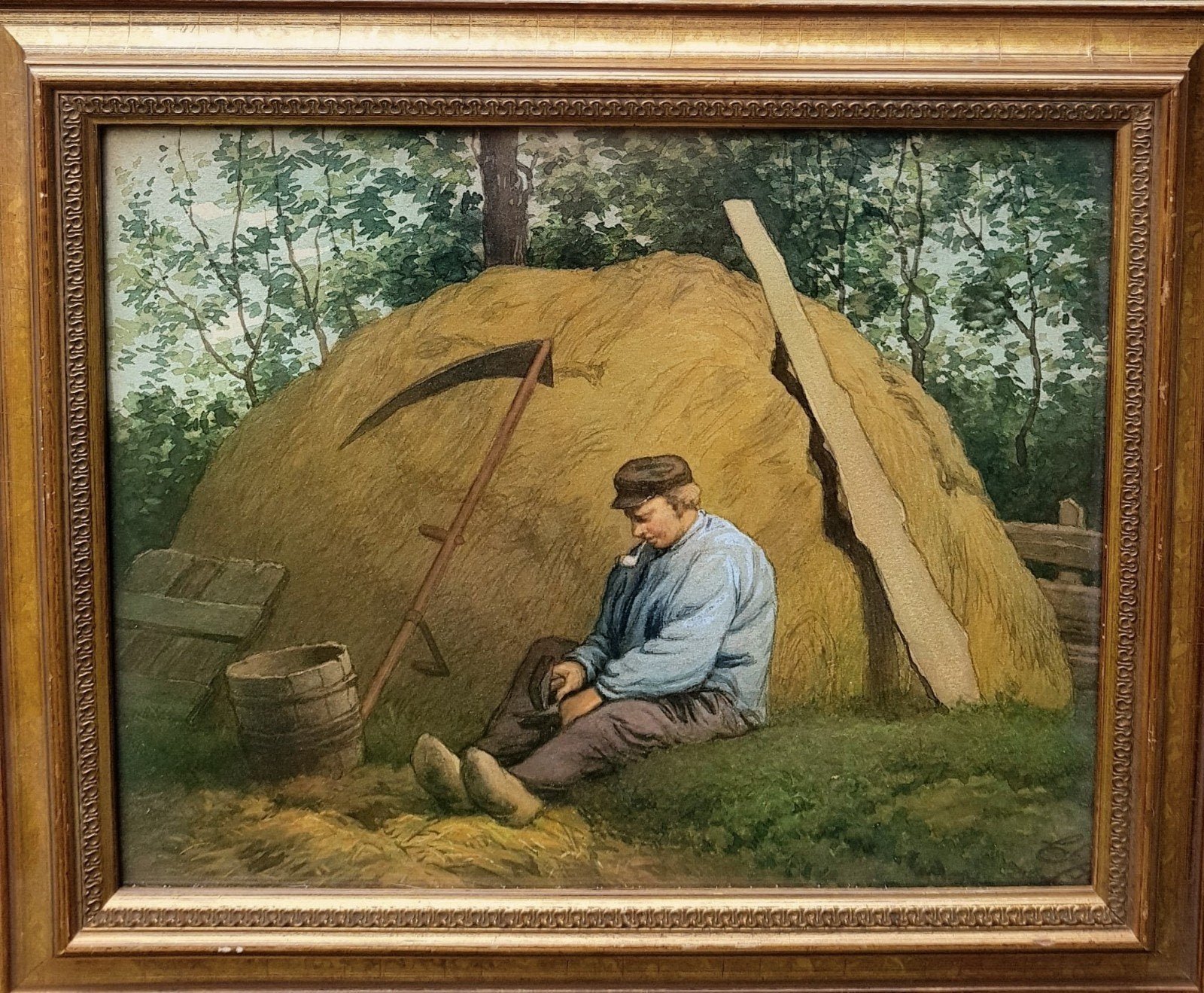 Boer rustend bij hooiberg, gesigneerd, Ophalen of Verzenden
