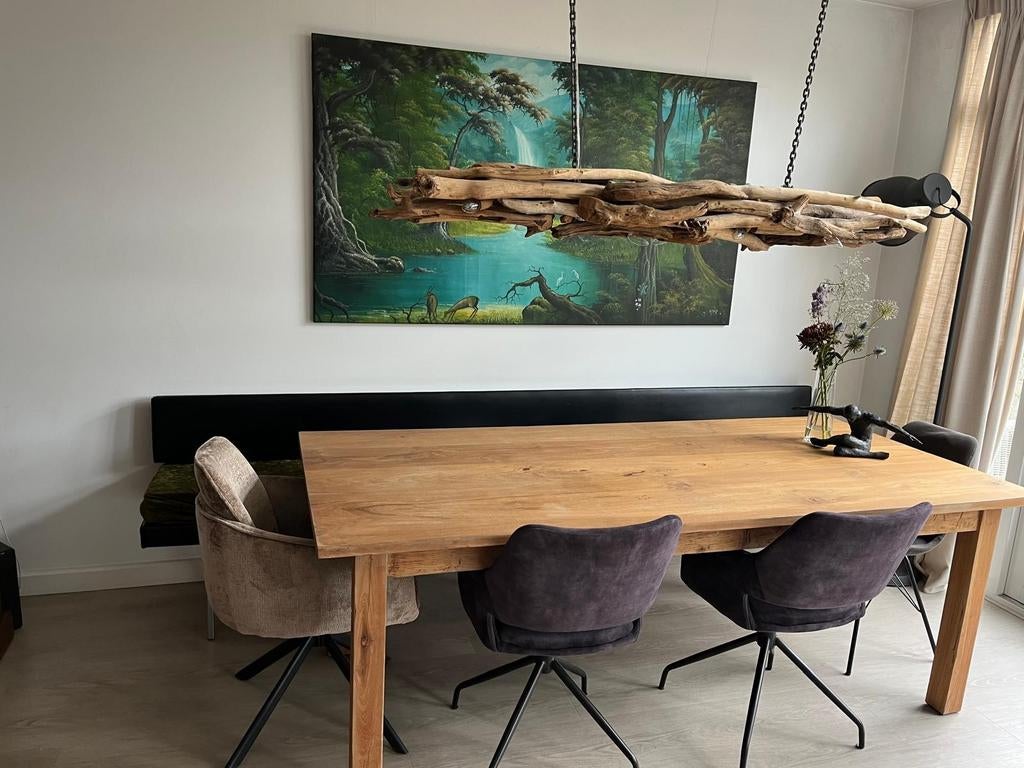 Zwarte kerkbank met groen velours kussen - 3 meter, Minder dan 50 cm, Gebruikt, 125 cm of meer, Leer