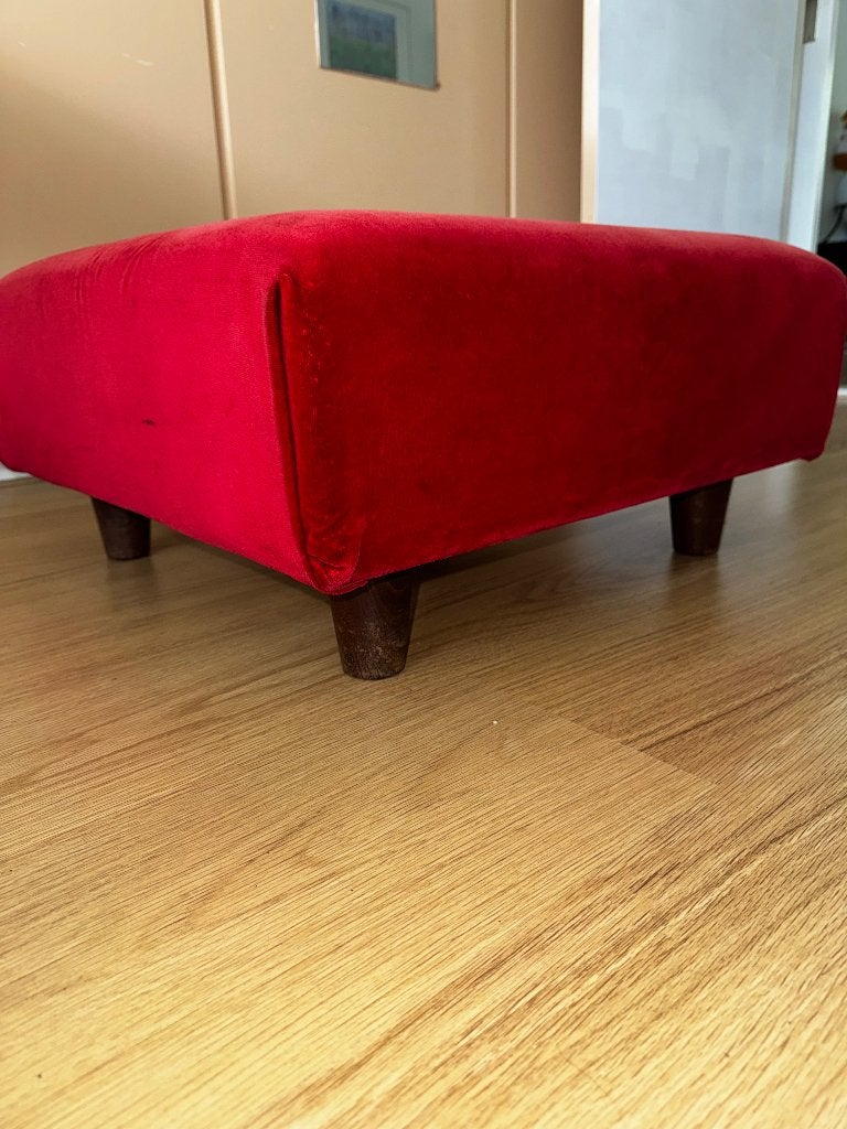 Vintage rode velours/fluwelen poef – hocker – 60 x 60 cm, Ophalen, Hout, Gebruikt, 50 tot 75 cm