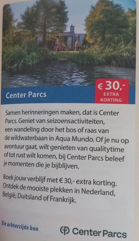 Centerparcs 30 euro korting, Tickets en Kaartjes, Kortingen en Cadeaubonnen
