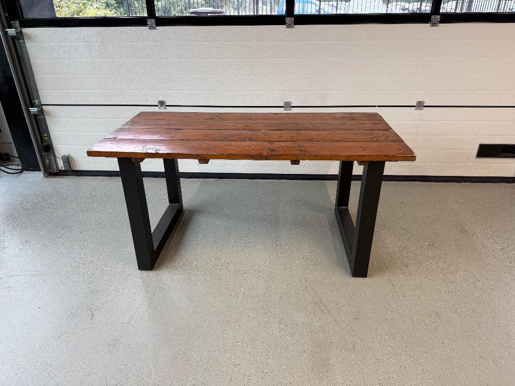Industriële tafel dik hout + zwart stalen onderstel (3x), Ophalen, Gebruikt, 200 cm of meer, 50 tot 100 cm