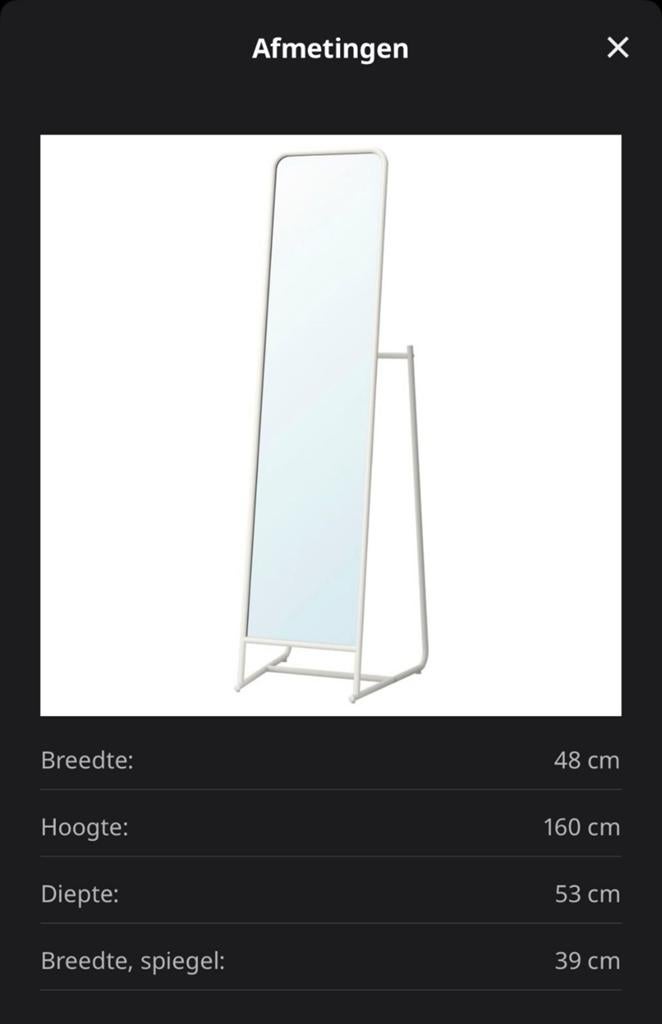 Ikea knapper Staande spiegel, Huis en Inrichting, Woonaccessoires | Spiegels, Ophalen, Minder dan 50 cm, Zo goed als nieuw, 150 tot 200 cm