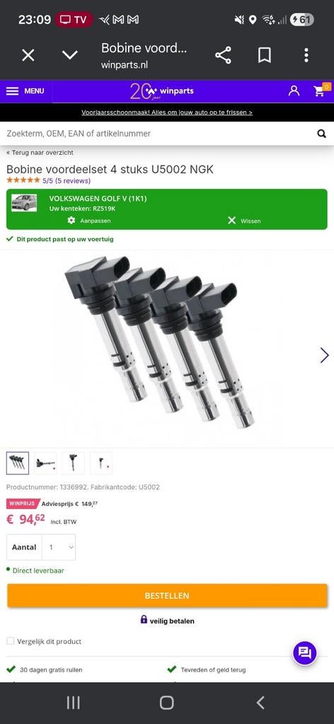 Bobine voordeelset 4 stuks U5002 NGK - Gebruikt, Ophalen of Verzenden, Gebruikt, Volkswagen