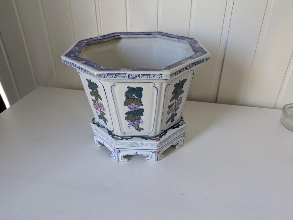 Vintage Chinese bloempot met standaard, Ophalen of Verzenden