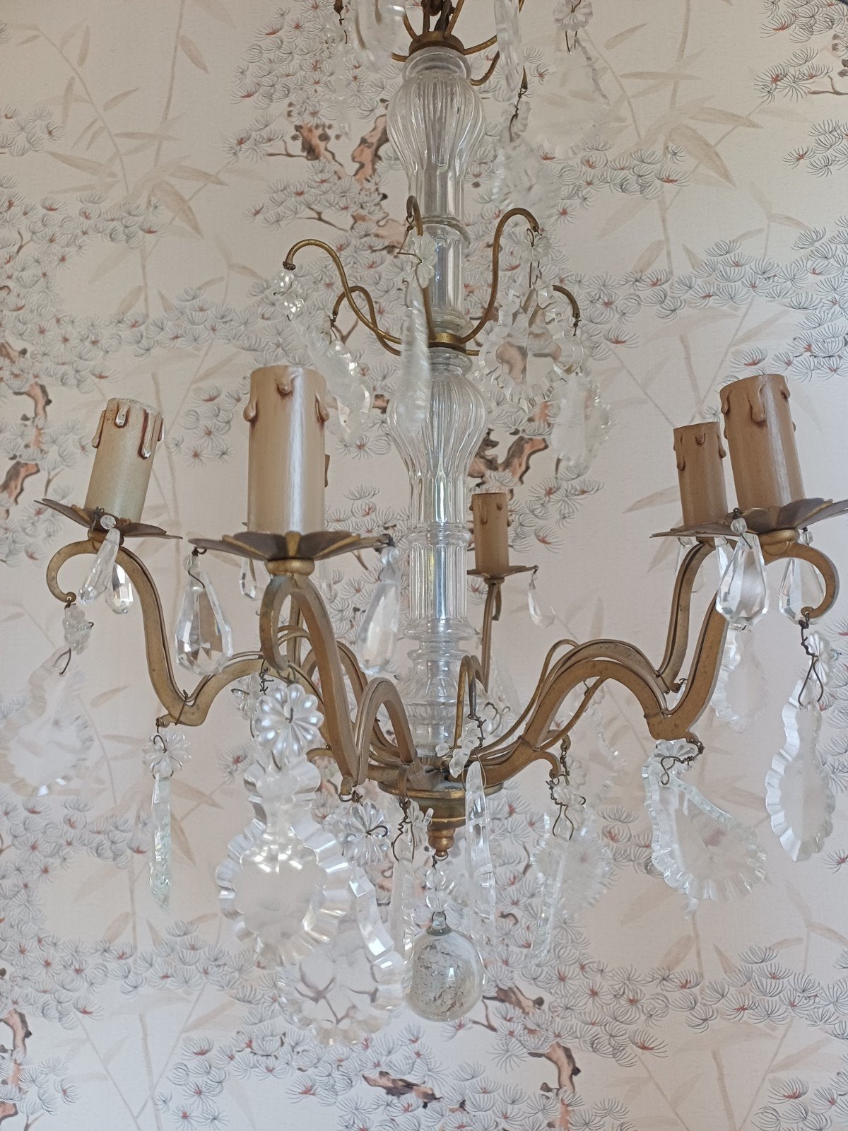 Franse Brocante Luster messing  Kristal glas kroonluchter, Ophalen