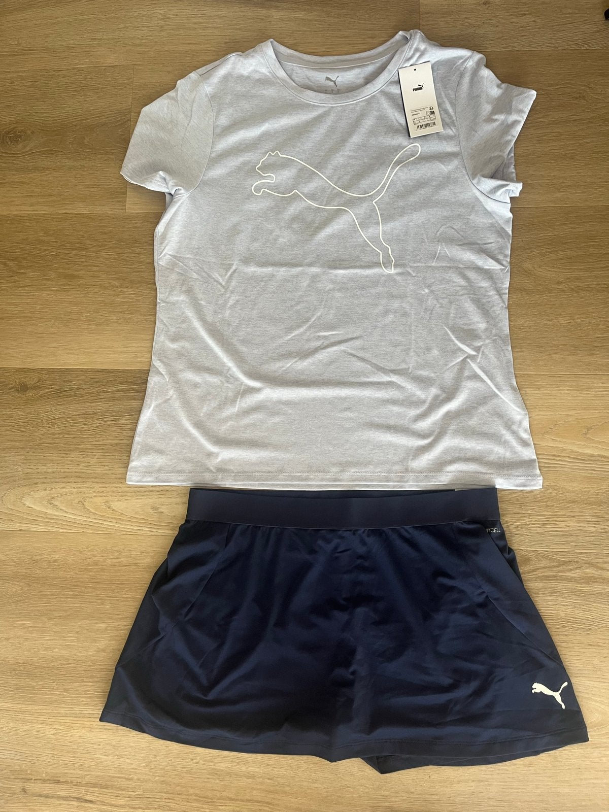 Puma sportset: lichtblauw shirt en donkerblauwe rok, Ophalen of Verzenden, Nieuw, Maat 42/44 (L), Blauw