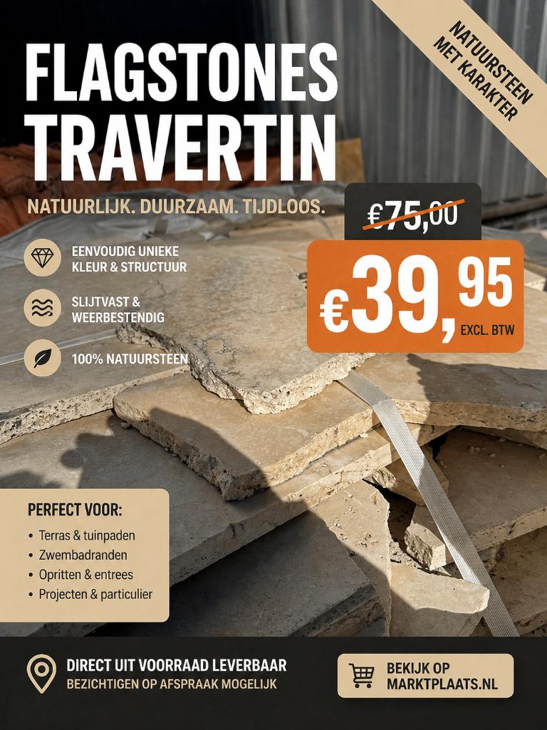 35m2 Flagstones Travertino 6-12stuks per m2, Tuin en Terras, Tegels en Klinkers, Ophalen, Nieuw, Terrastegels, Natuursteen
