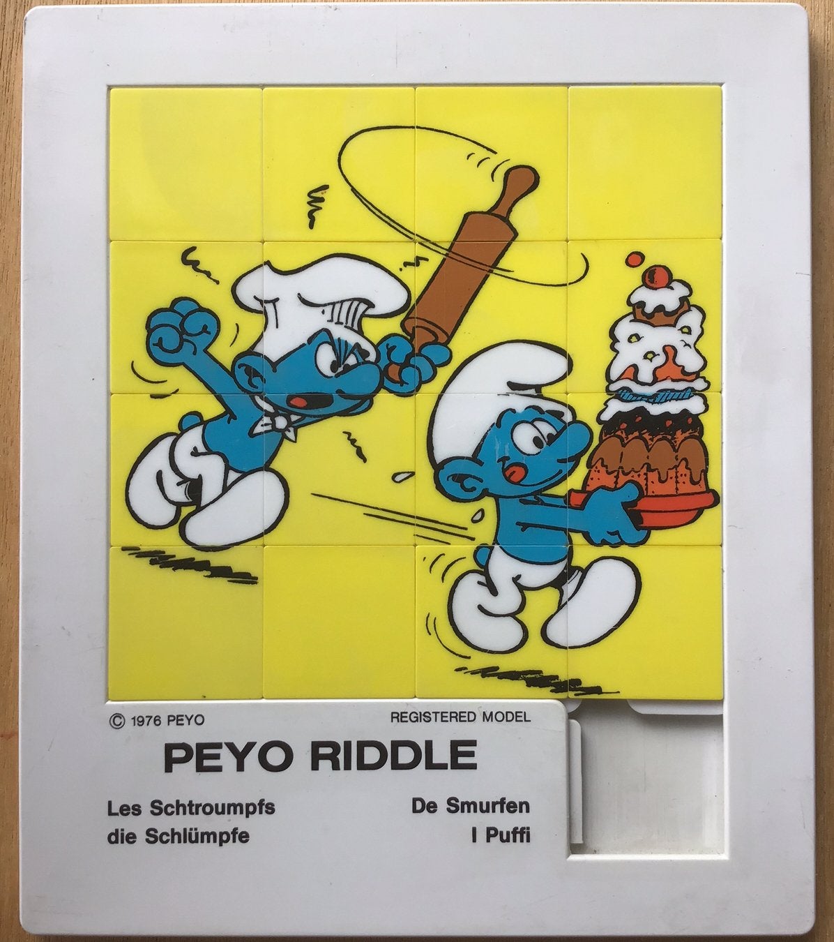 Vintage schuifpuzzel De Smurfen van Peyo, Verzamelen, Ophalen of Verzenden, Gebruikt, Smulsmurf, Overige typen