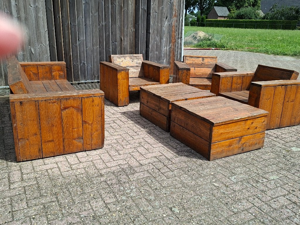 Stevige houten loungeset met 6 zitplaatsen, Tuin en Terras, Tuinsets en Loungesets, Ophalen, Gebruikt, 6 zitplaatsen, Steigerhout