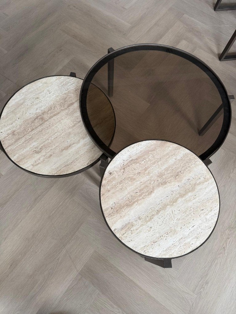 Ronde salontafel set | Glas & travertin | Design | Outlet, Ophalen, 3194DD, 50 tot 100 cm, Nieuw