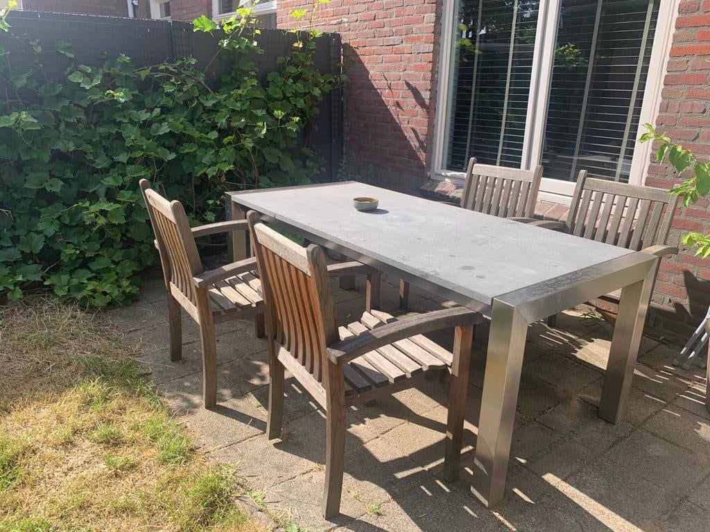 Tuintafel met stenen blad en aluminium frame, Ophalen, Gebruikt, Rechthoekig, Metaal