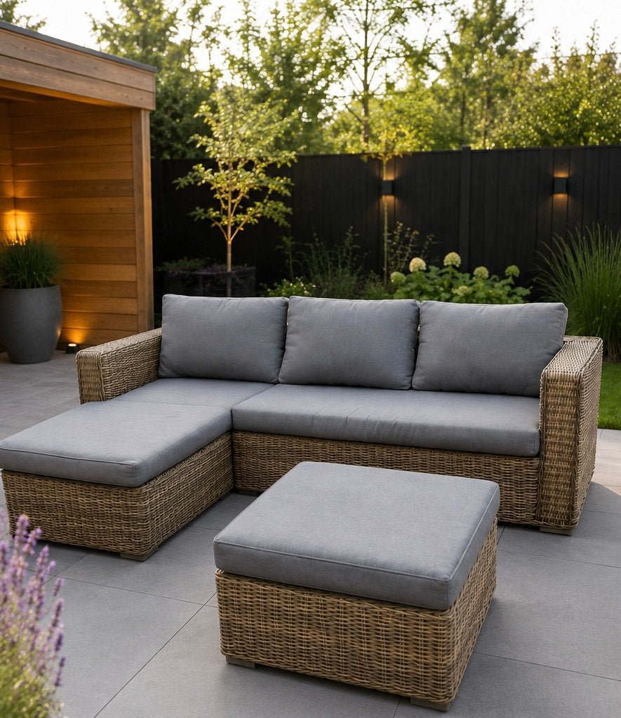 Luxe Wicker Hoekbank met Hocker + bezorgoptie, 4 zitplaatsen, Bank, Ophalen of Verzenden, Zo goed als nieuw