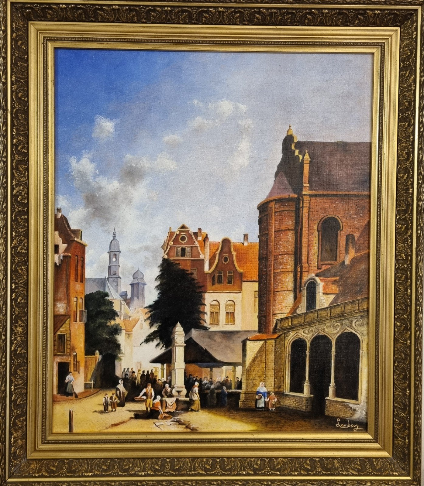 Schilderij 'Stadsgezicht met Markt',  Lambooy, Ophalen of Verzenden