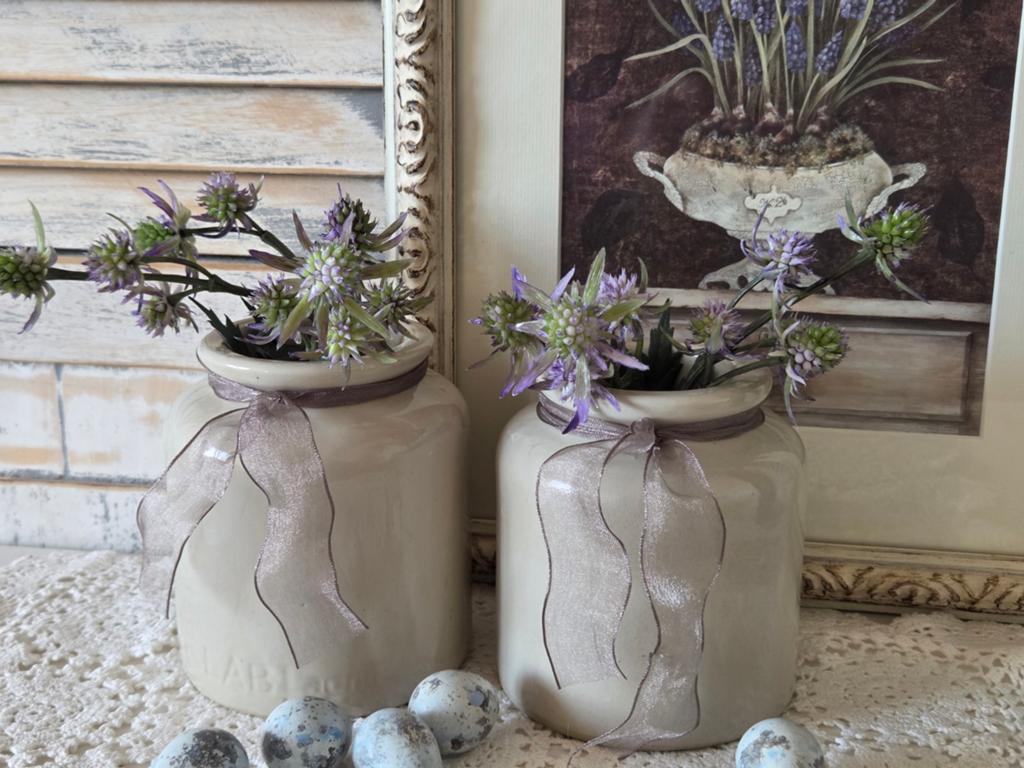 2 Brocante grespotjes met bloemetjes, Ophalen of Verzenden