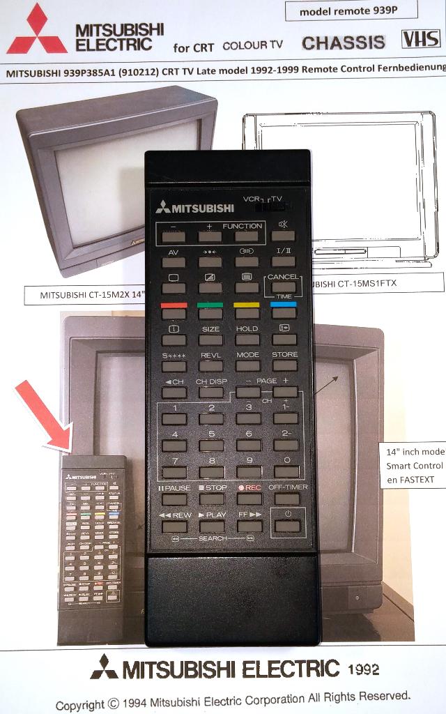 Mitsubishi 939P385A1 TV VCR Remote Control Afstandsbediening, Ophalen of Verzenden, Zo goed als nieuw, Origineel, Tv