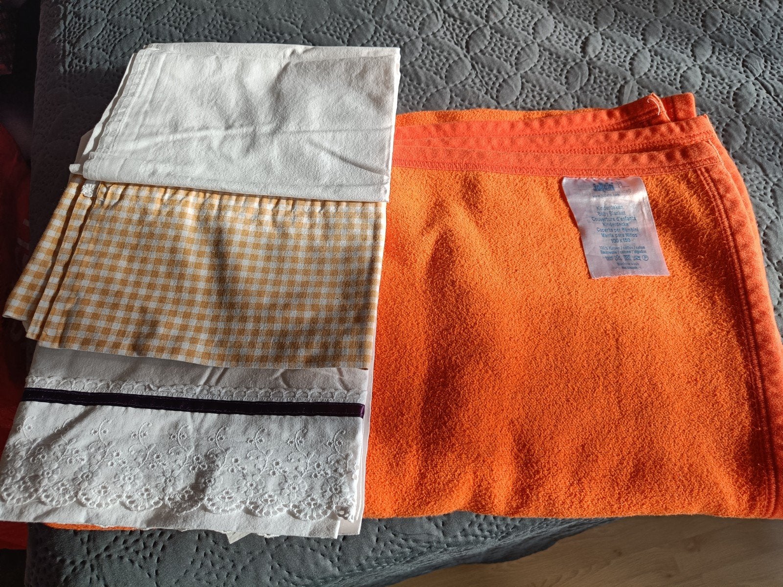 Deken ledikantje met 2 lakentjes (kant en ruitje), Oranje, Wasbaar, Gebruikt, Jollein