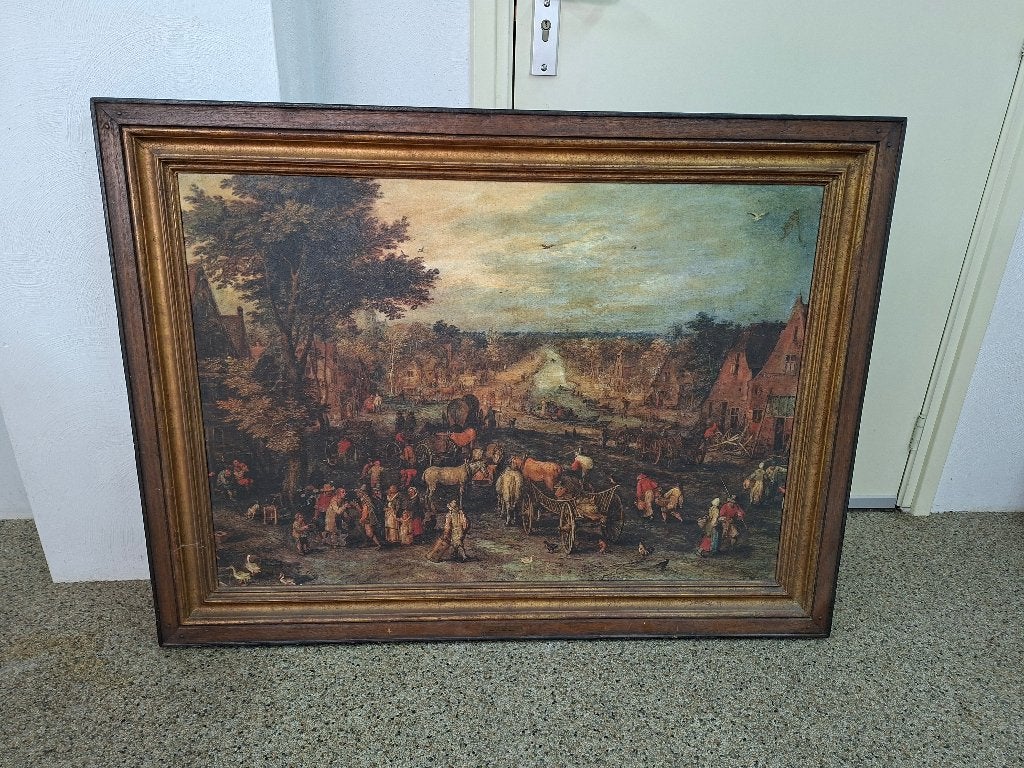 Replica - Dorpsgezicht met figuren, J. Breughel, Ophalen, Paneel, Olieverf, Klassiek
