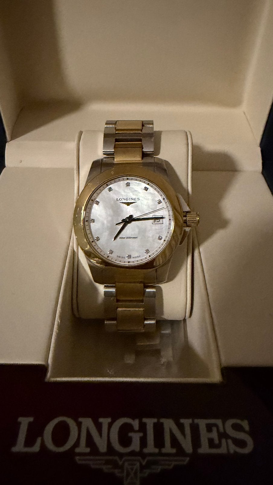 Longines conquest bicolor diamant 34mm dames, Staal, Gebruikt, Staal, Polshorloge
