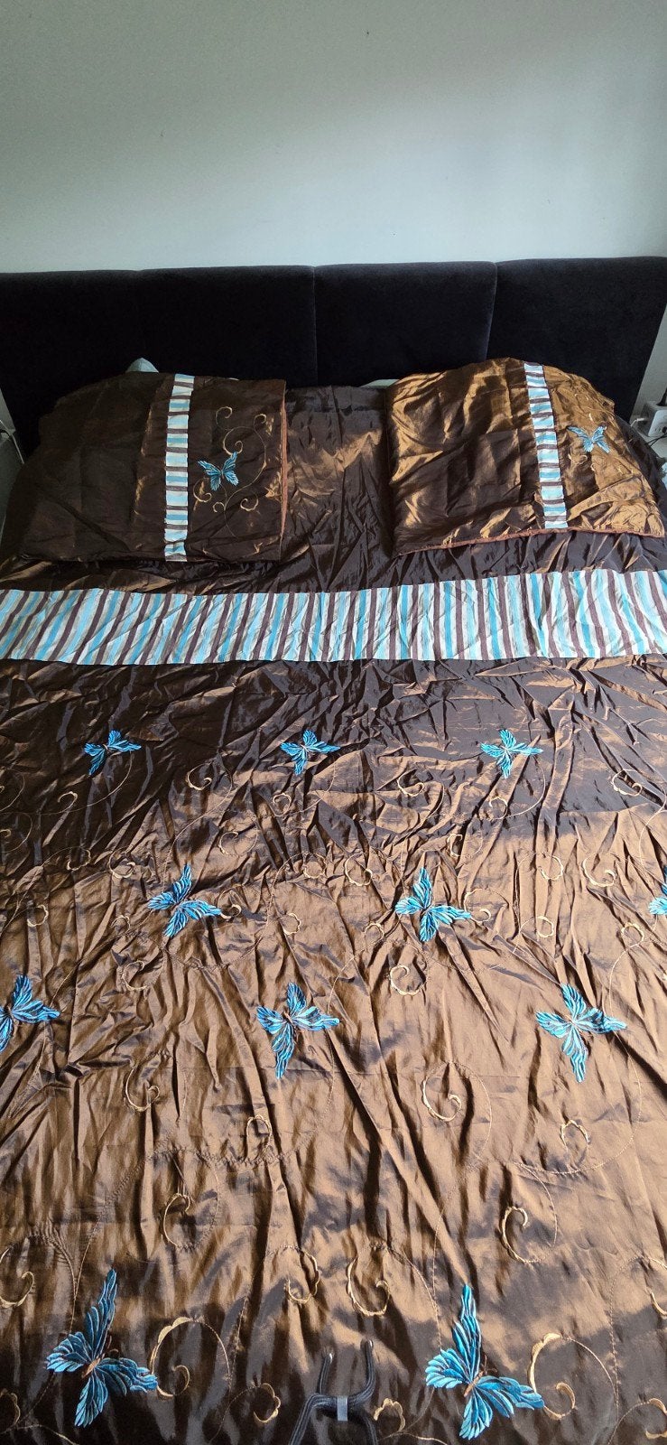 Dekbedovertrek met blauwe vlinders, Gebruikt, Bruin, Dekbedovertrek, Tweepersoons