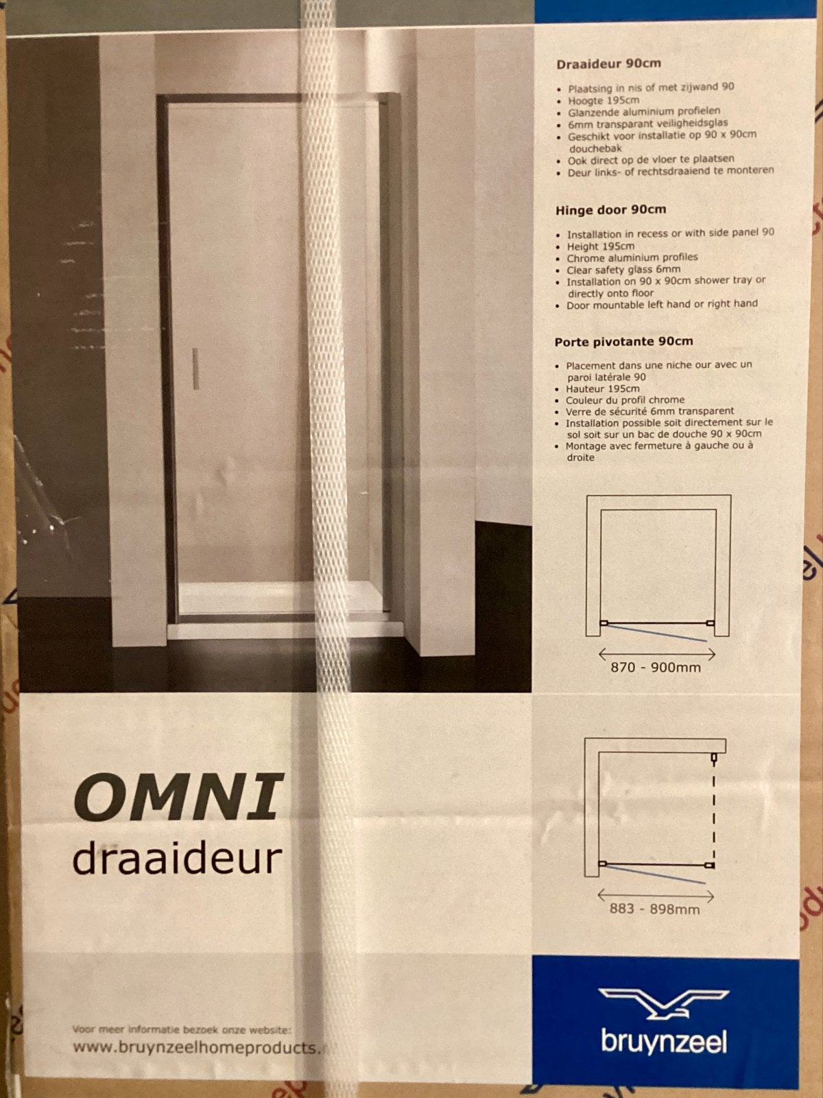 Bruynzeel Omni Draaideur Douchedeur 90cm Nieuw in doos, Ophalen, Nieuw, Chroom, Douche