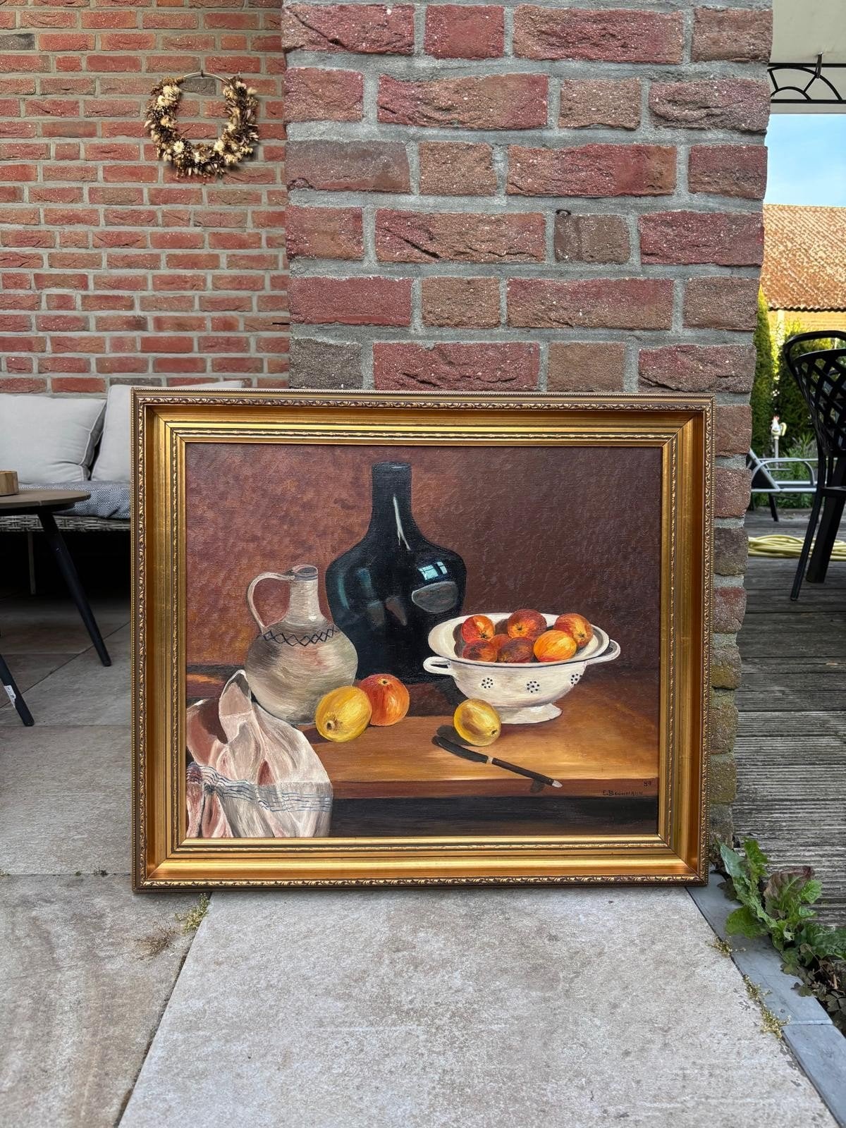 Klassiek stilleven met fruit en fles, Ophalen, Doek, Origineel werk, Stilleven