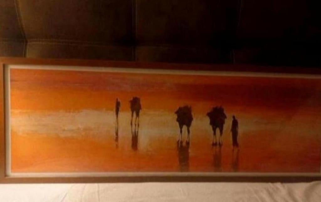 Schilderij woestijn met kamelen, Ophalen of Verzenden