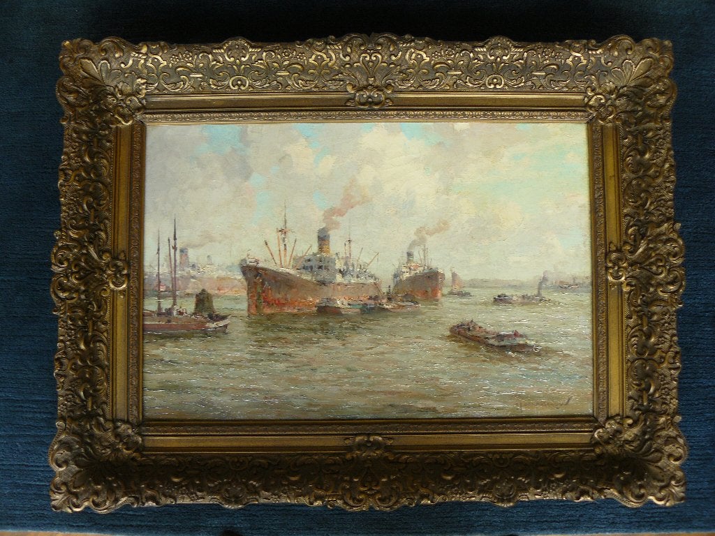 G.J. Delfgaauw, bedrijvigheid in de Rotterdamse haven, Antiek en Kunst, Ophalen, Maritiem / water, Doek, Impressionistisch