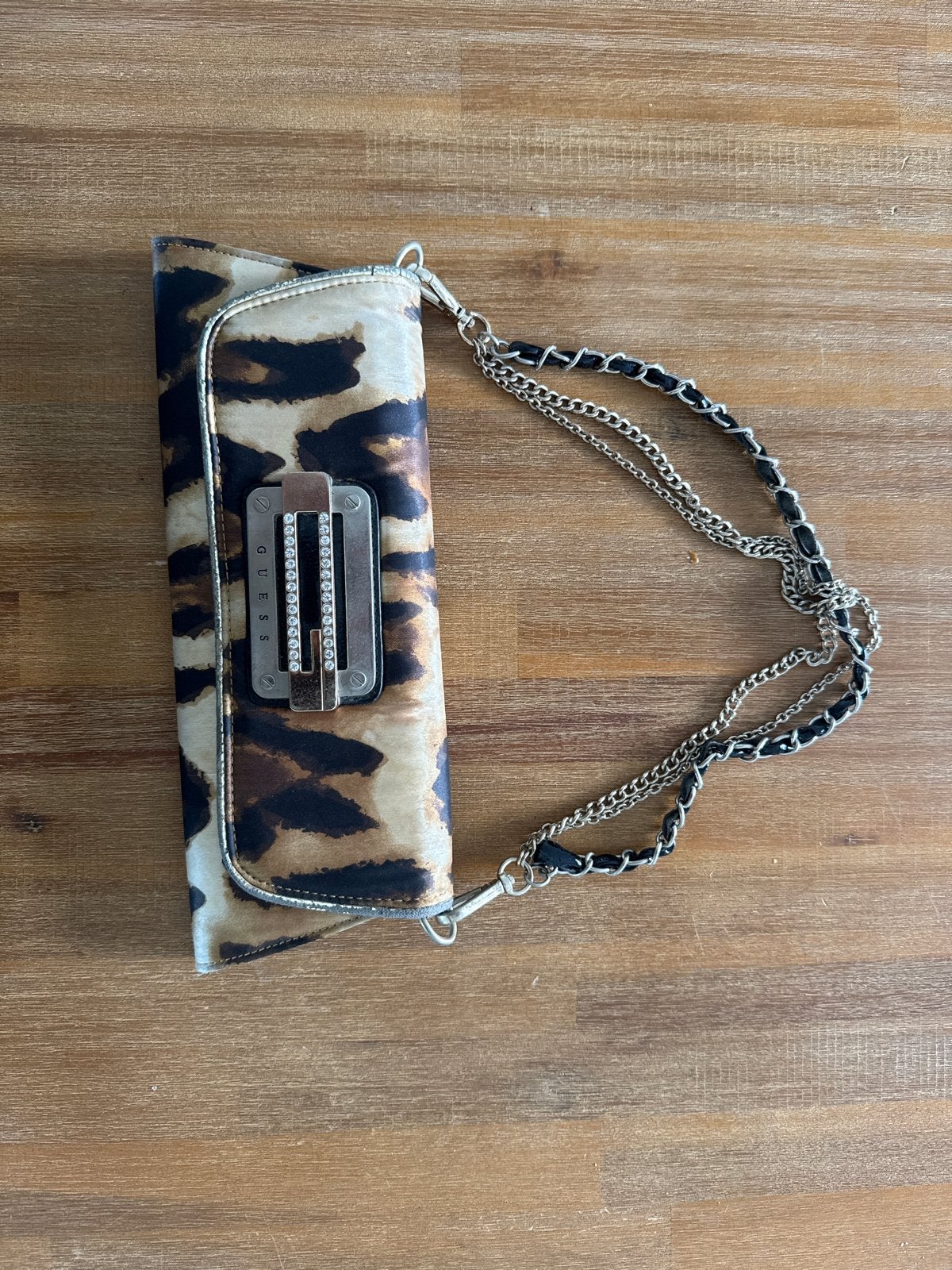 Guess Avondtasje met Luipaardprint en Ketting, Ophalen of Verzenden, Zo goed als nieuw, Bruin, Avondtasje