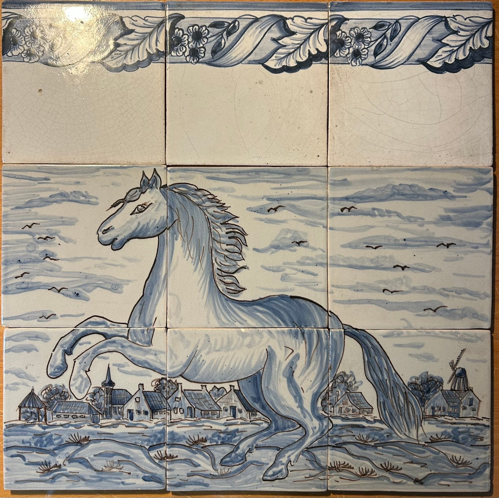 Authentiek Tableaux van paard op 6 tegels vsn KOCH Workum, Antiek en Kunst, Ophalen of Verzenden