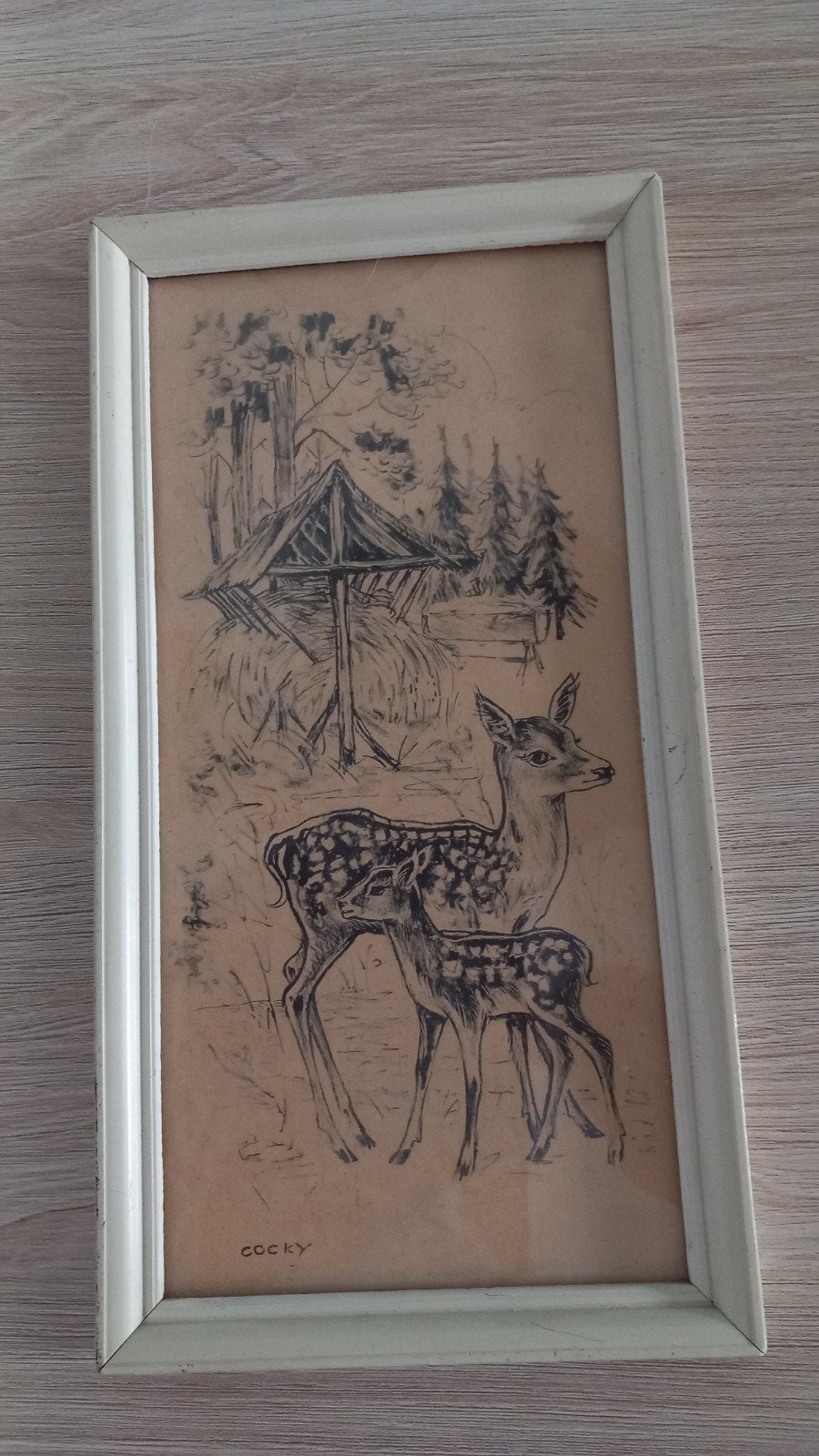 Vintage tekening van herten in bos - gesigneerd 'Cocky', Ophalen