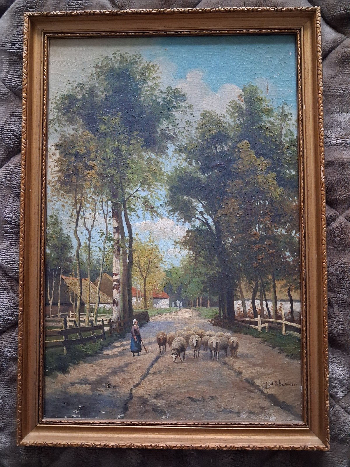 Oud Hollands schilderij met schapen en herderin, Antiek en Kunst, Doek, Oud hollands, Ophalen of Verzenden, Landschap
