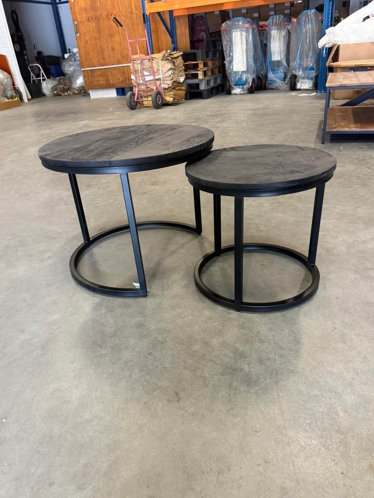 Nieuw 2 delige salon tafel set zwart mango hout, Huis en Inrichting, Tafels | Salontafels, Ophalen, 50 tot 100 cm, Rond, Nieuw