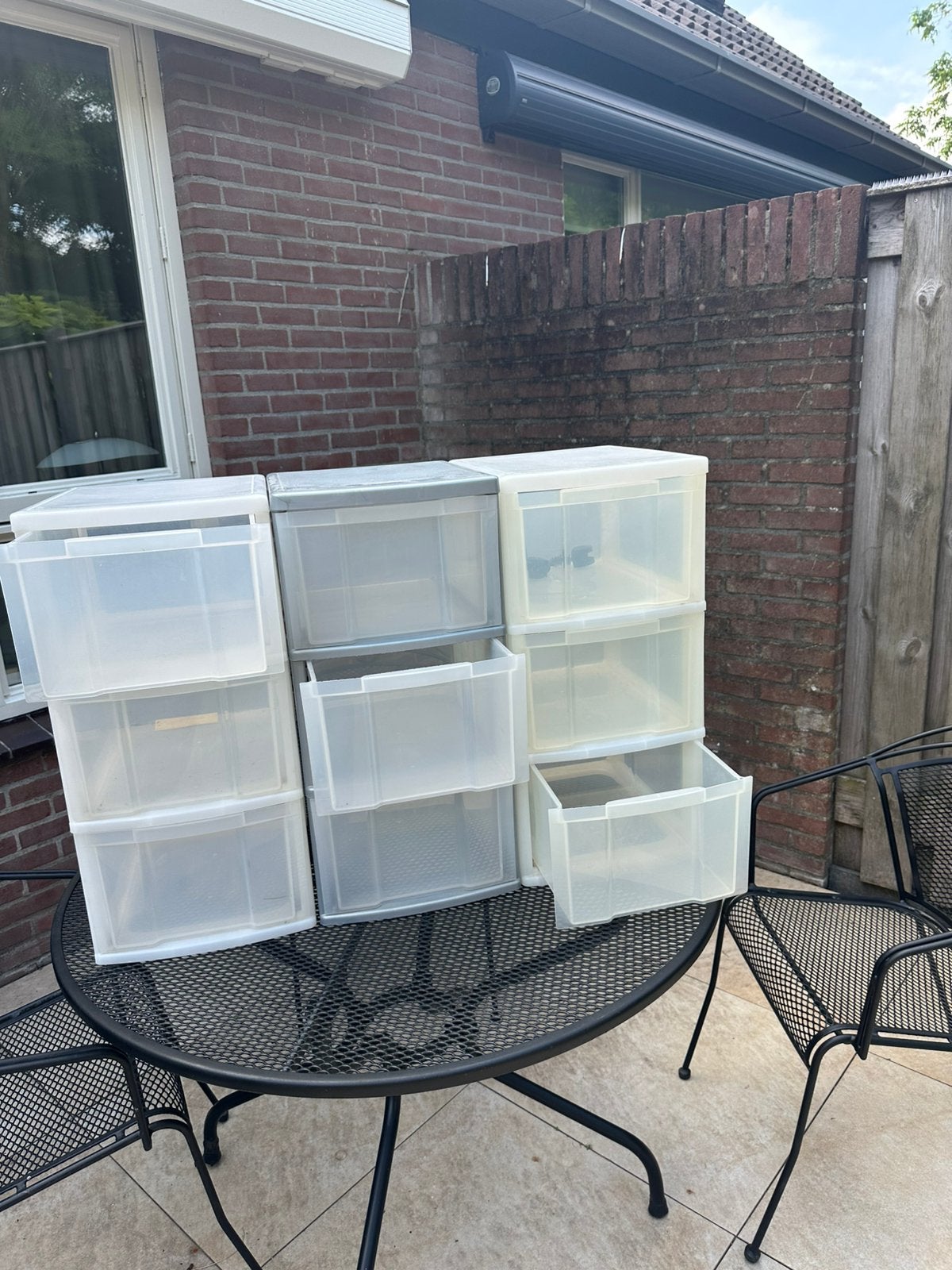 3 x plastic opbergmeubel / opbergboxen (9 boxen), Ophalen, Gebruikt, 5 laden of meer, 100 tot 150 cm