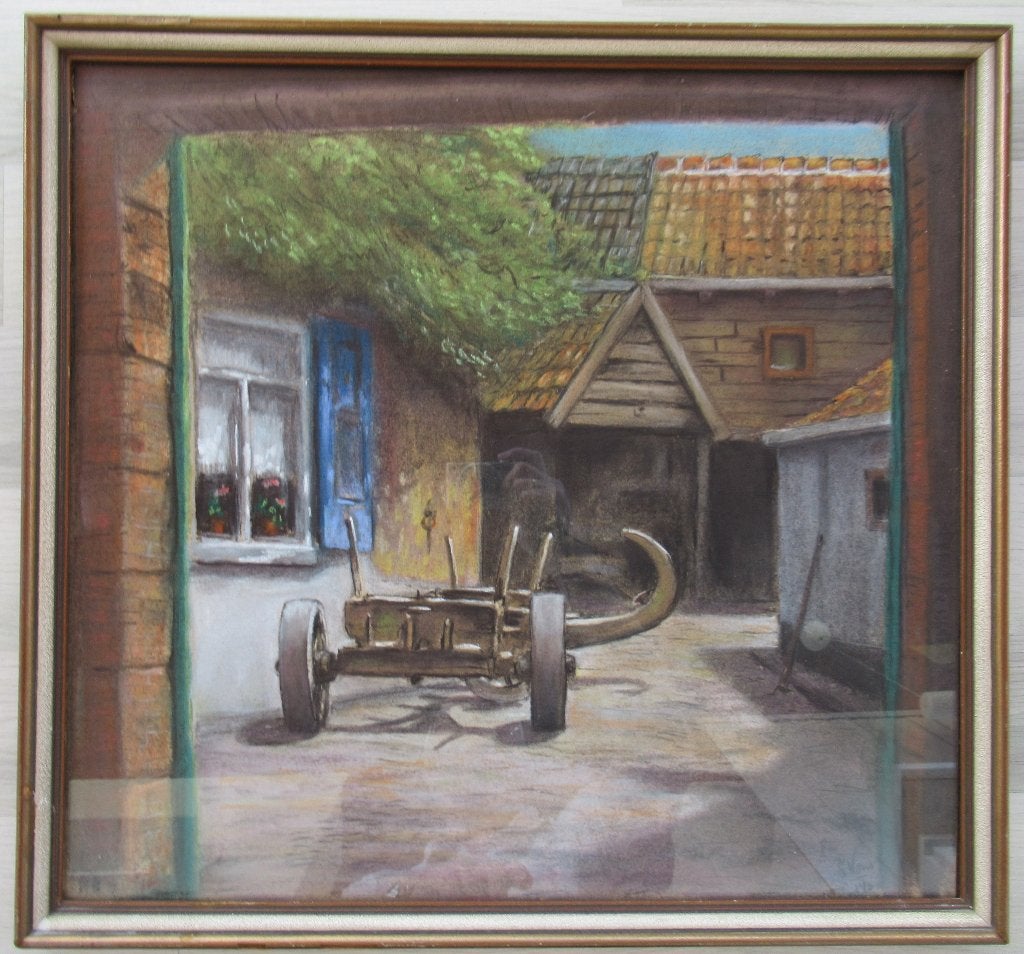 Cor Vons (1903-1980): Binnenplaats met wagen, pastel, 1943, Ophalen of Verzenden