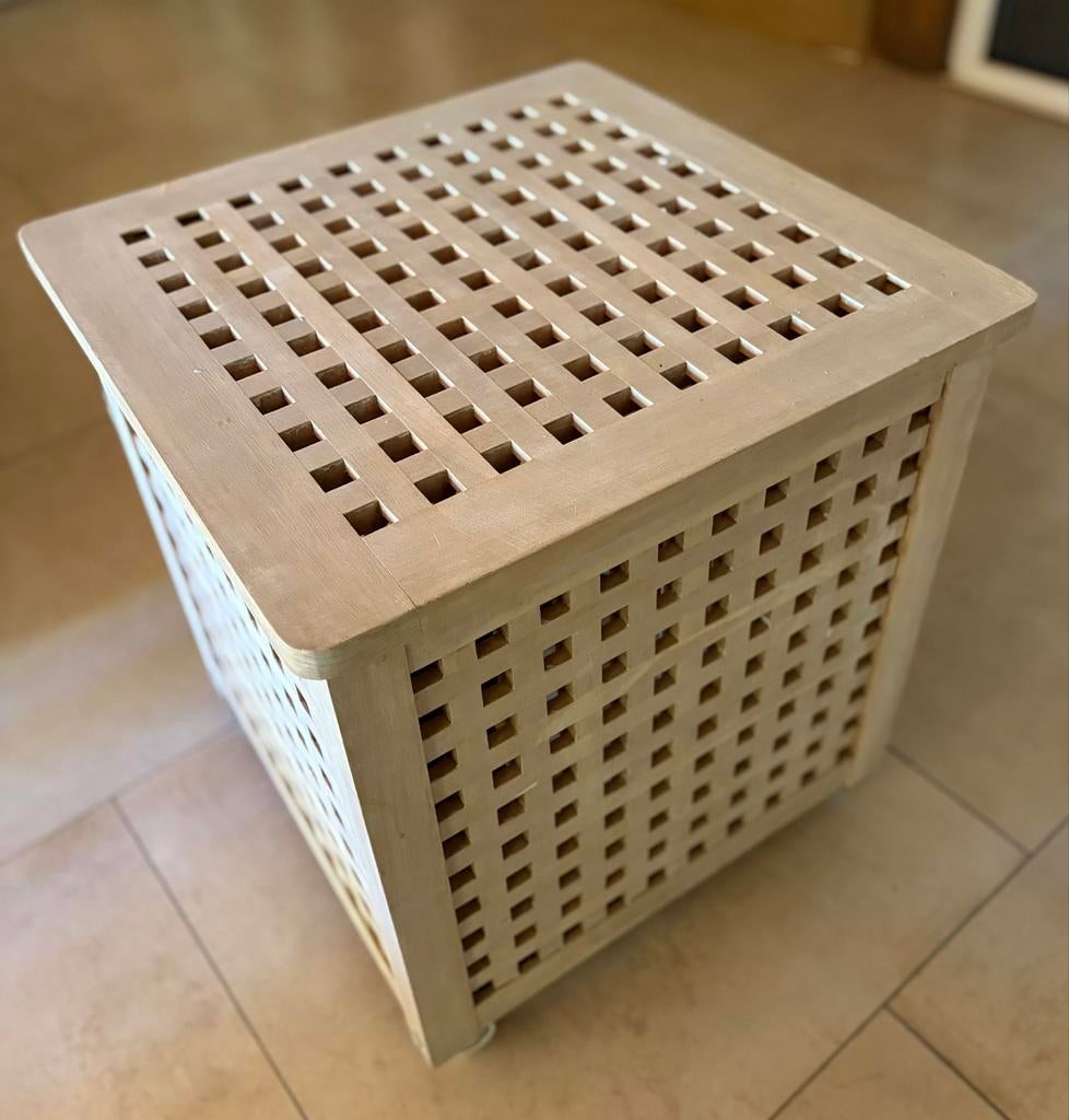 3x Houten kubus op wieltjes - opbergbox/bijzettafel, Ophalen, Gebruikt