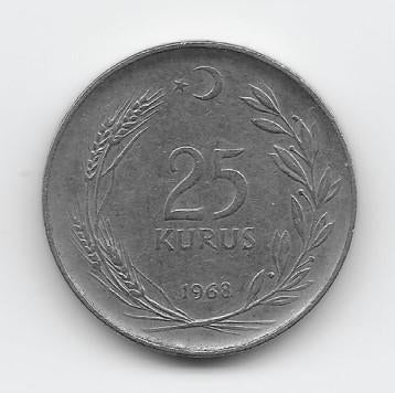 Turkije 25 kurus 1968 KM# 892.3, Verzenden, Midden-Oosten, Losse munt