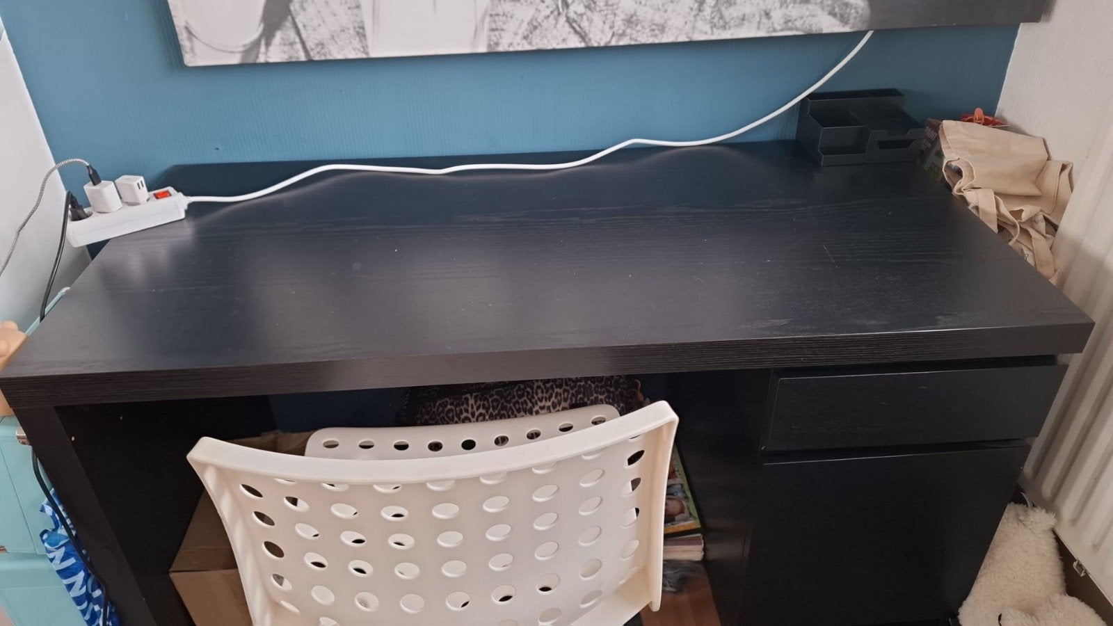 zwart bureau met kastje en stoel, Ophalen, Gebruikt, Kunststof