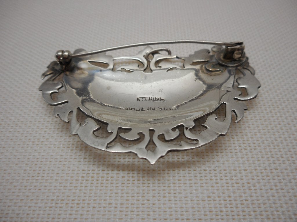 zilveren grote broche /hanger grijs Emaillen nr.056, 4 tot 7 cm, Verzenden, Zo goed als nieuw, Zilver