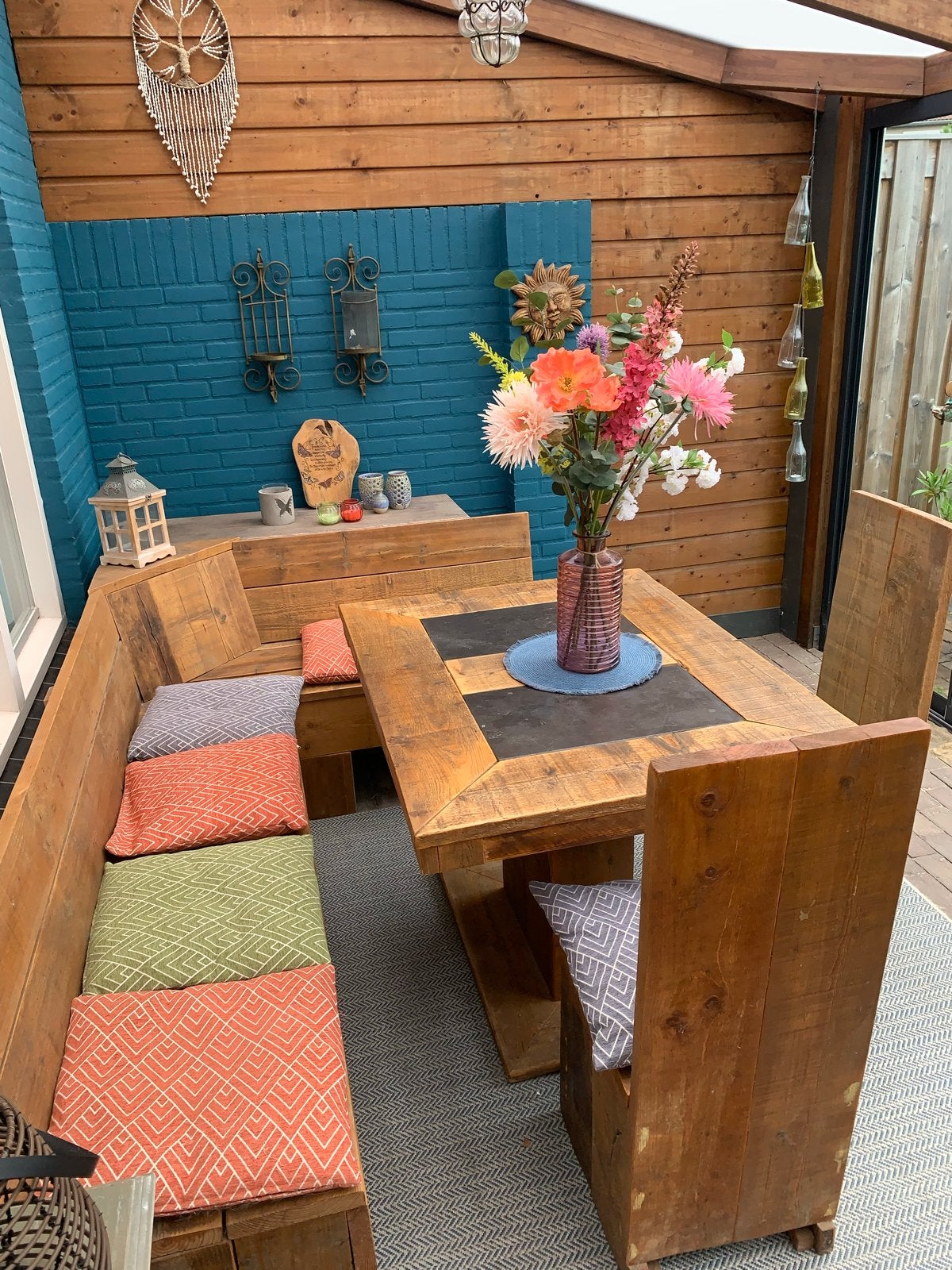Robuuste houten eethoek met bank en stoelen, Ophalen, Gebruikt, Rechthoekig, Hout