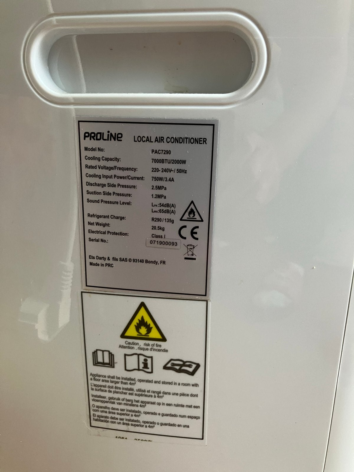Proline Mobiele Airco PAC7290 - Koel en Ontvochtig, Witgoed en Apparatuur, Ophalen, Minder dan 60 m³, 3 snelheden of meer, Zo goed als nieuw