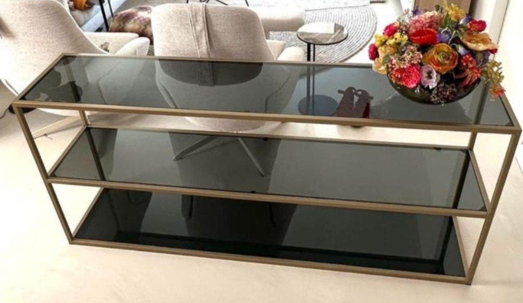 Side table wand tafel goud met smoke glas, Ophalen, Gebruikt, 100 tot 150 cm, 50 tot 100 cm