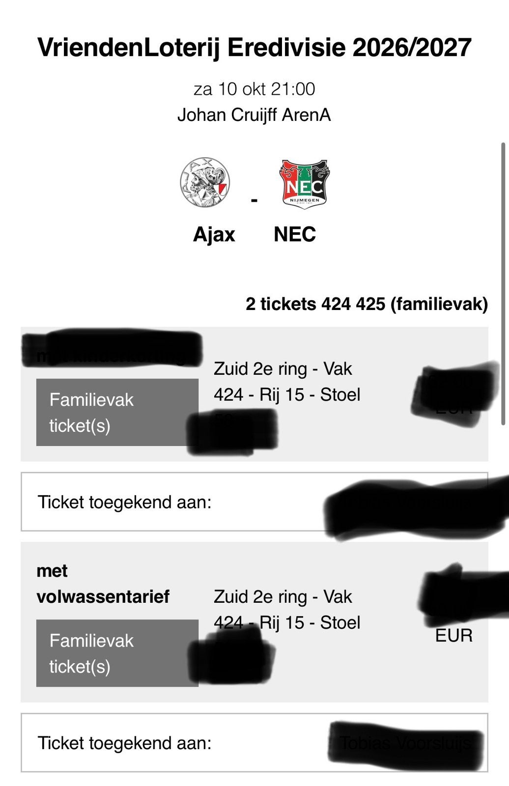 2 kaarten Ajax nec (fside jubileum), Tickets en Kaartjes, Twee personen, Maart